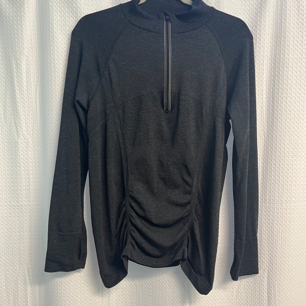 Athleta Womens Gray Ruched Quarter Zip Long Sleeve Pullover Thumbholes Size L